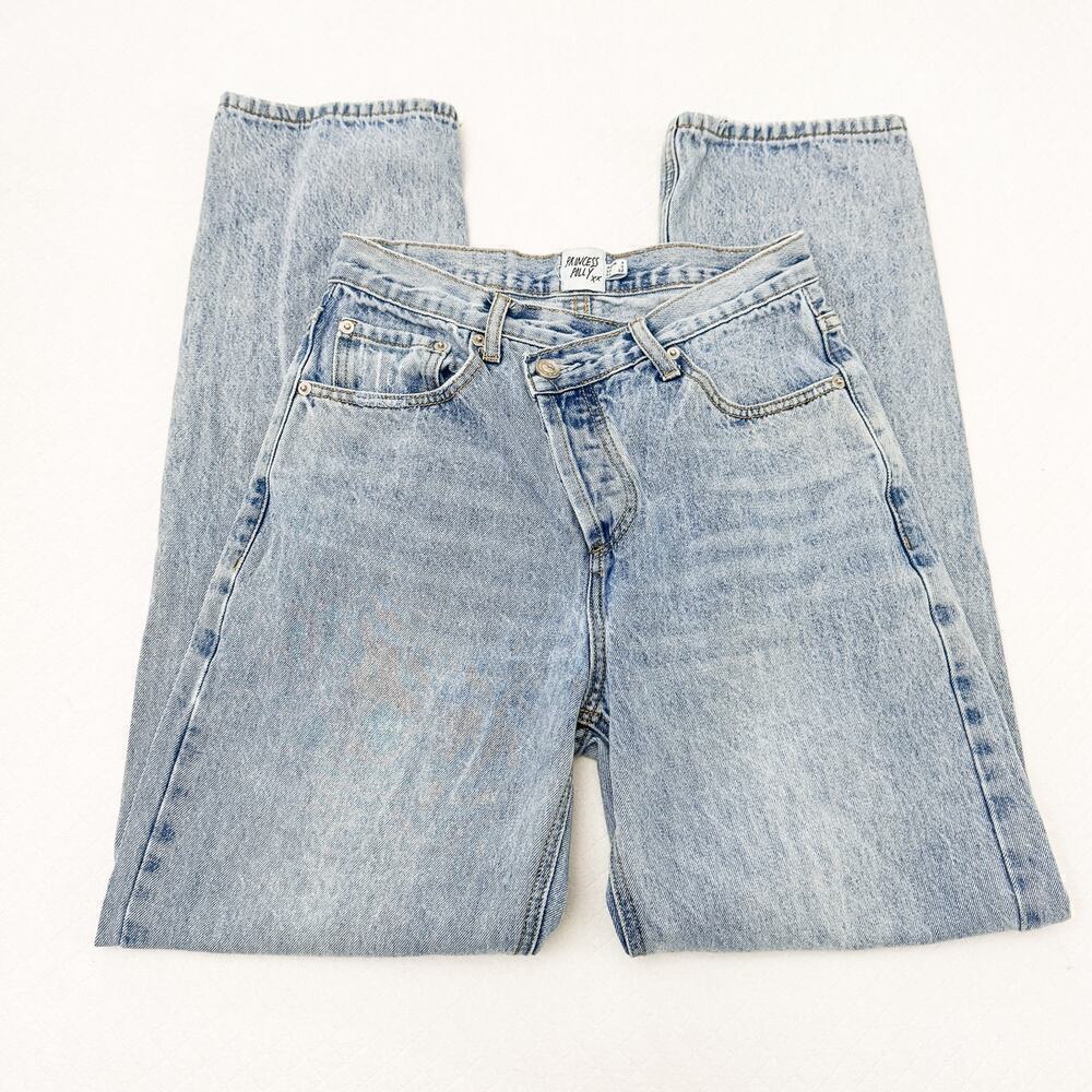 Princess Polly Assymetric Button Front Straight Light Wash Denim Jeans Size 0 - Picture 7 of 9